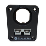 Front view of a black panel-mount holder with one circular socket hole and one grey 50A Anderson plug
