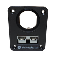 Front view of a black panel-mount holder with one circular socket hole and one grey 50A Anderson plug