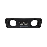Black panel-mount bracket with central 50A Anderson plug and two round socket cutouts