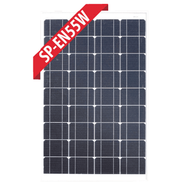 Front view of 55W fixed monocrystalline solar panel with silver aluminium frame