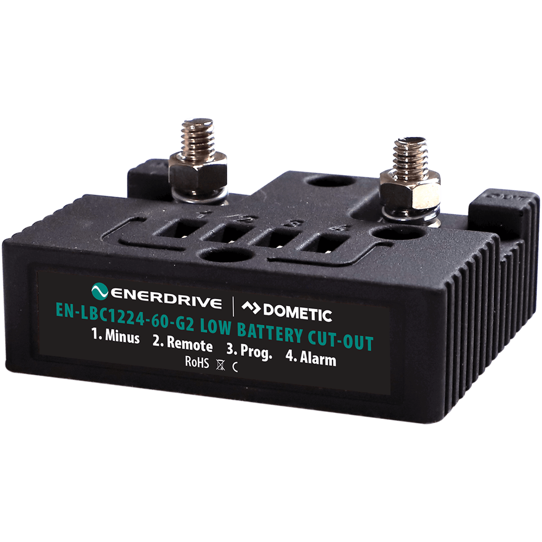 Enerdrive 60A G2 smart battery guard with top terminal studs and auxiliary control ports on IP66 housing