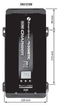 Dimensional drawing of 12V 100A charger indicating 425mm length and 220mm width