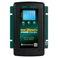 Close-up of Enerdrive DC2DC+ battery charger interface showing voltage display and control buttons