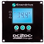 Front view of DC-DC charger remote control panel with LCD screen and navigation buttons
