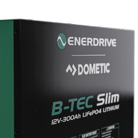 Close-up of Enerdrive and Dometic branding on the B-TEC Slim lithium battery