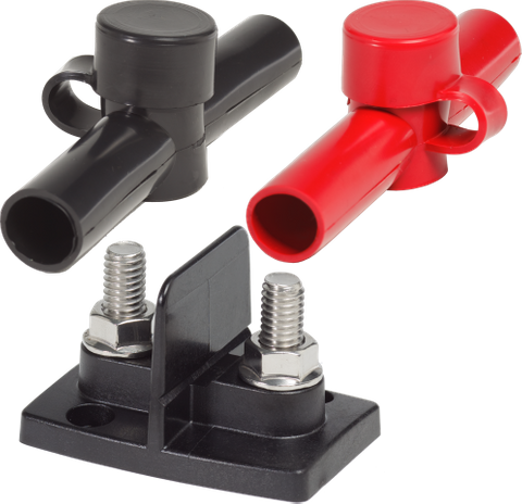 Dual 3/8 inch power post connector with red and black insulators and stainless steel studs