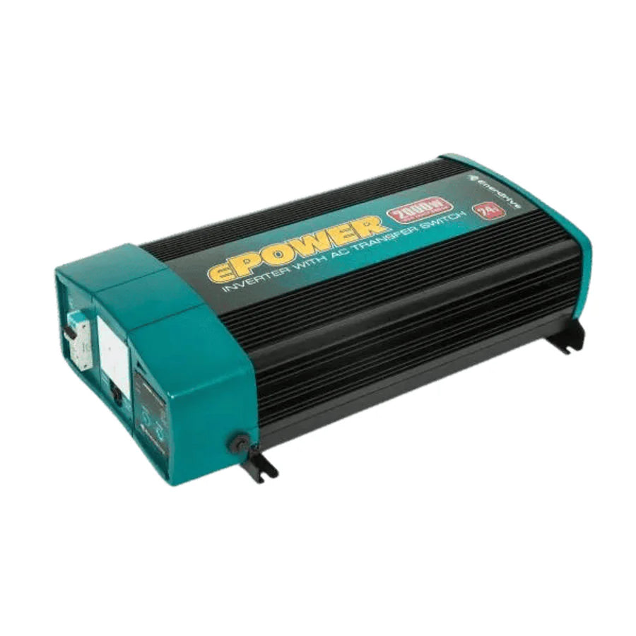 Angled view of 2000W 24V pure sine wave inverter showing aluminium heat sink body and teal end caps