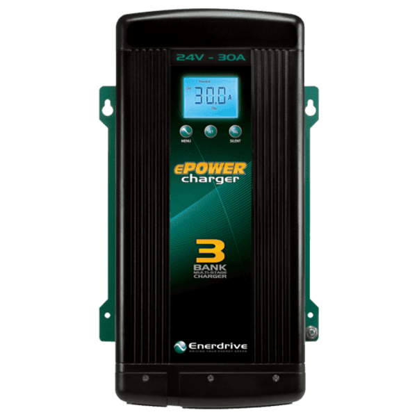 Front view of 24V 30A battery charger showing LCD display and control buttons