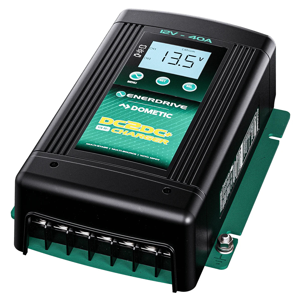 Angled view of black Enerdrive charger showing side ventilation