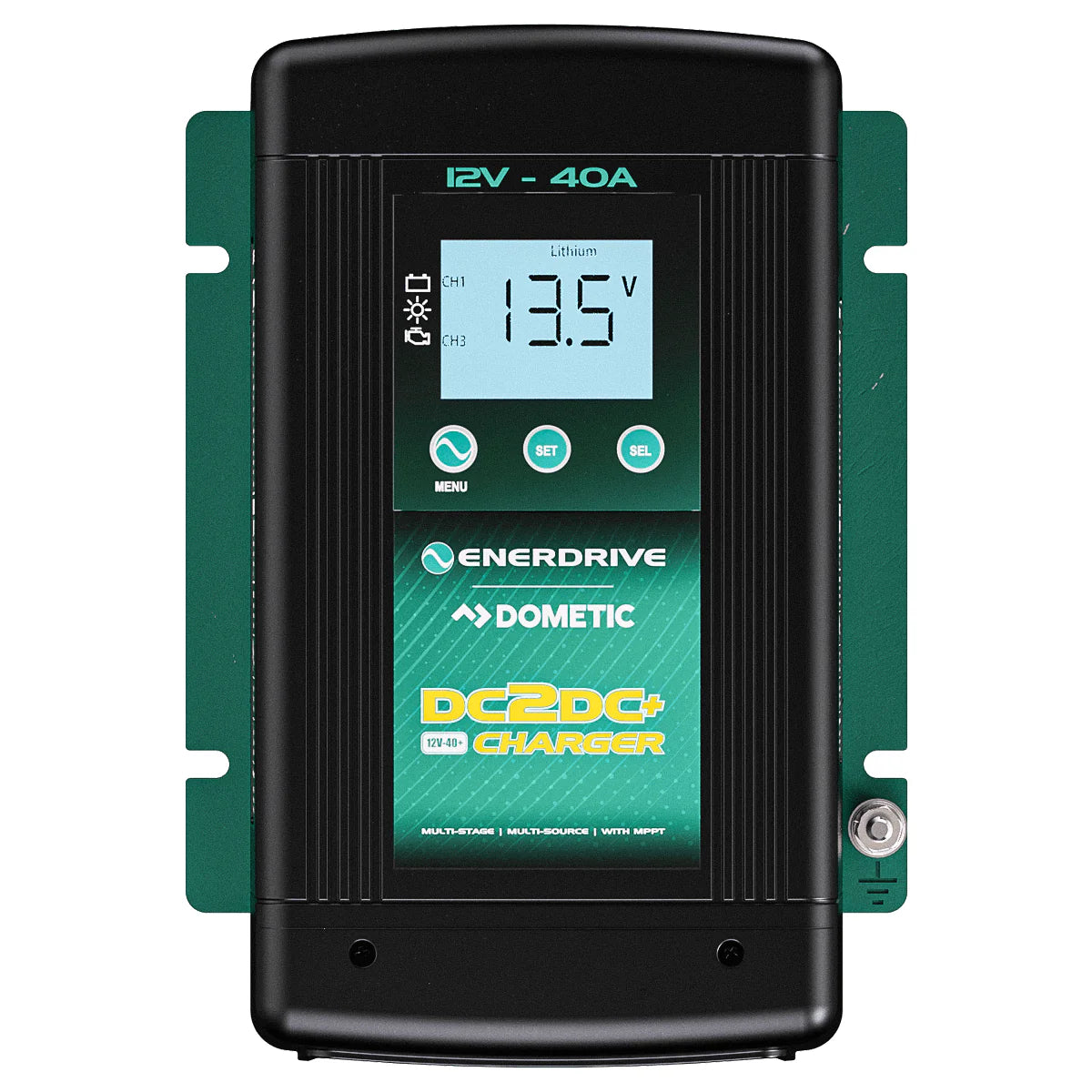 Front view of Enerdrive DC2DC charger with LCD screen and control buttons
