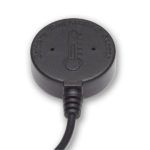 Circular black temperature sensor head with embossed thermometer icon and strain-relief cable entry