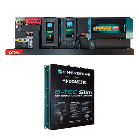 Enerdrive eSYSTEM board with 2000W inverter and chargers above a 200Ah slimline lithium battery