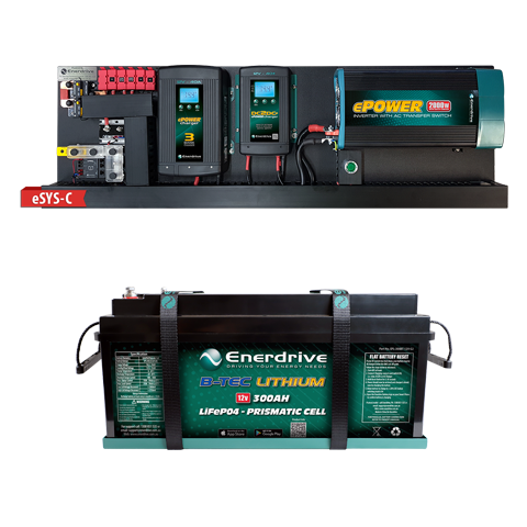 Enerdrive eSYSTEM power board with 2000W inverter and chargers above a B-TEC 12V 300Ah lithium battery