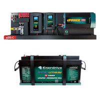 Enerdrive eSYSTEM power board with 2000W inverter and chargers above a B-TEC 12V 300Ah lithium battery