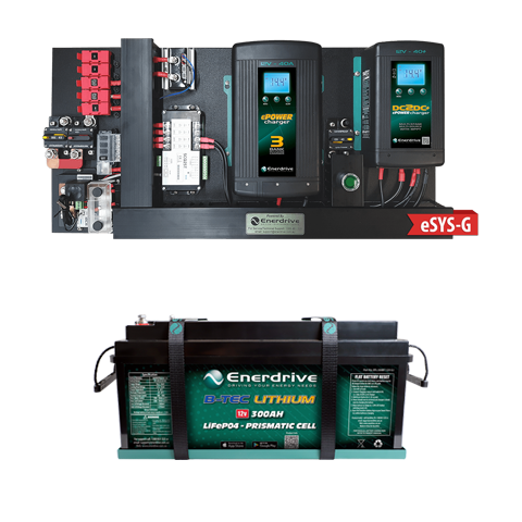 Enerdrive eSYSTEM 40/40 power board and 12V 300Ah B-TEC lithium battery with mounting tray