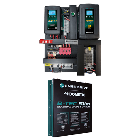 Enerdrive eSYSTEM 40/40 kit board with ePRO monitor and B-TEC 200Ah slim lithium battery