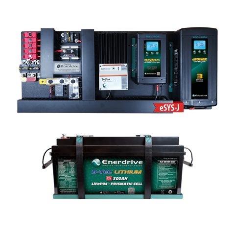 Pre-wired 60/40 AC DC power system board above a B-TEC 300Ah lithium battery with mounting tray and straps