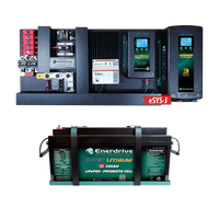 Pre-wired 60/40 AC DC power system board above a B-TEC 300Ah lithium battery with mounting tray and straps