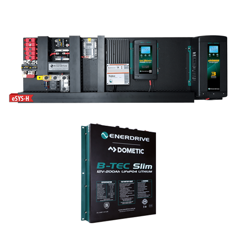 Enerdrive eSYSTEM charging panel with AC and DC chargers, solar controller and 200Ah slim lithium battery