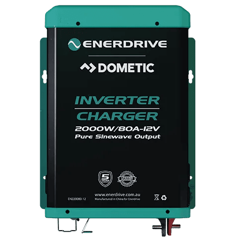 Front view of Enerdrive 2000W 12V inverter charger showing branding and power ratings
