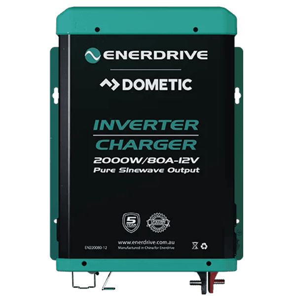 Front view of Enerdrive 2000W 12V inverter charger showing branding and power ratings