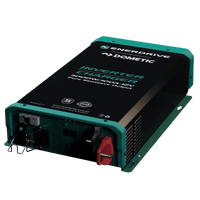 Angled view showing AC sockets, DC terminals and cooling vents on the inverter charger