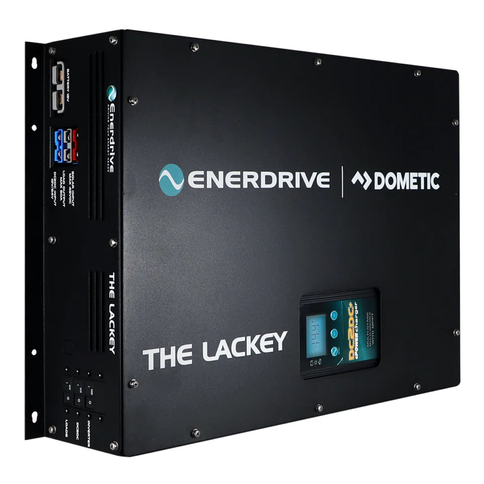 Front view of black metal enclosure for Enerdrive Lackey featuring the DC2DC charger display