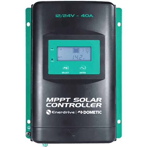 Front view of Enerdrive 40A MPPT solar controller with LCD screen and green mounting flanges