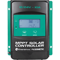 Front view of Enerdrive 10A MPPT solar charge controller showing LCD screen and control buttons