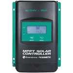 Front view of 30A MPPT solar charge controller with LCD screen, navigation buttons and green mounting flanges