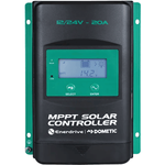 Front view of 20A MPPT solar controller with LCD display showing 14.2V and green mounting flanges