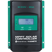 Front view of 20A MPPT solar controller with LCD display showing 14.2V and green mounting flanges