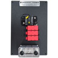 Enerdrive power distribution module featuring a 120A circuit breaker and fuse holders on a black ABS backboard