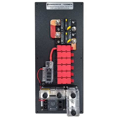 Top-down view of Enerdrive power distribution module with battery monitor, circuit breakers, and fuse holders