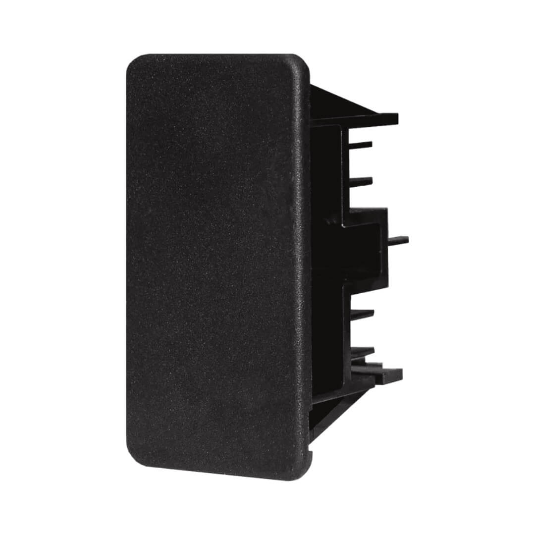 Textured black plastic blanking plug for rocker switch cutouts showing side profile and snap-in mounting clips