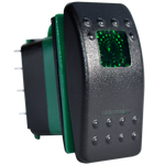 Black SPST rocker switch with green LED indicator window and 3-pin terminal connection