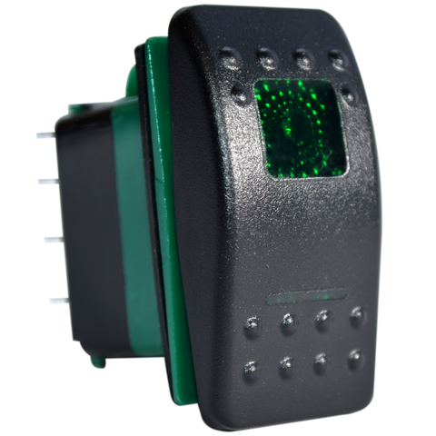 Black SPST rocker switch with green LED indicator window and 3-pin terminal connection