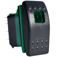 Black SPST rocker switch with green LED indicator window and 3-pin terminal connection
