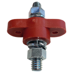 Red terminal feed-through connector with 3/8-16 stud for passing high-current cables through bulkheads