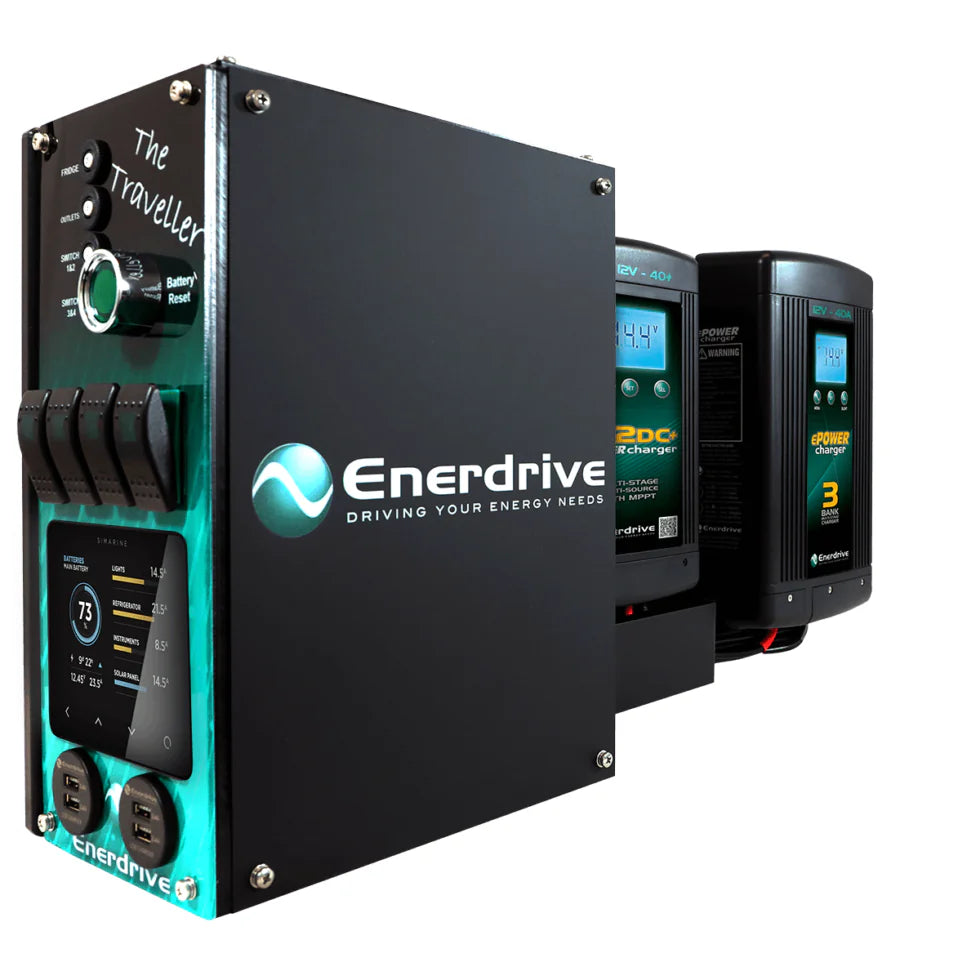 Left-hand canopy power system with Simarine monitor, DC to DC charger and AC battery charger