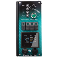 Front view of Traveller power system panel with Simarine PICO display and rocker switches