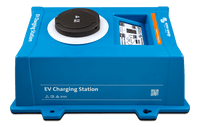 Angled perspective of the blue EV charging station enclosure highlighting the IP44 protection rating
