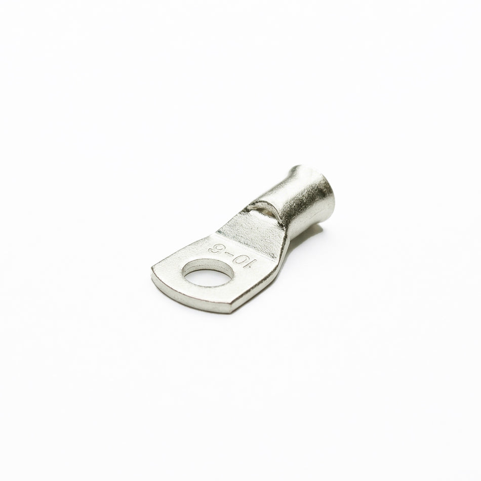 Tin-plated 10mm² copper lug with M6 hole and flared bellmouth entry