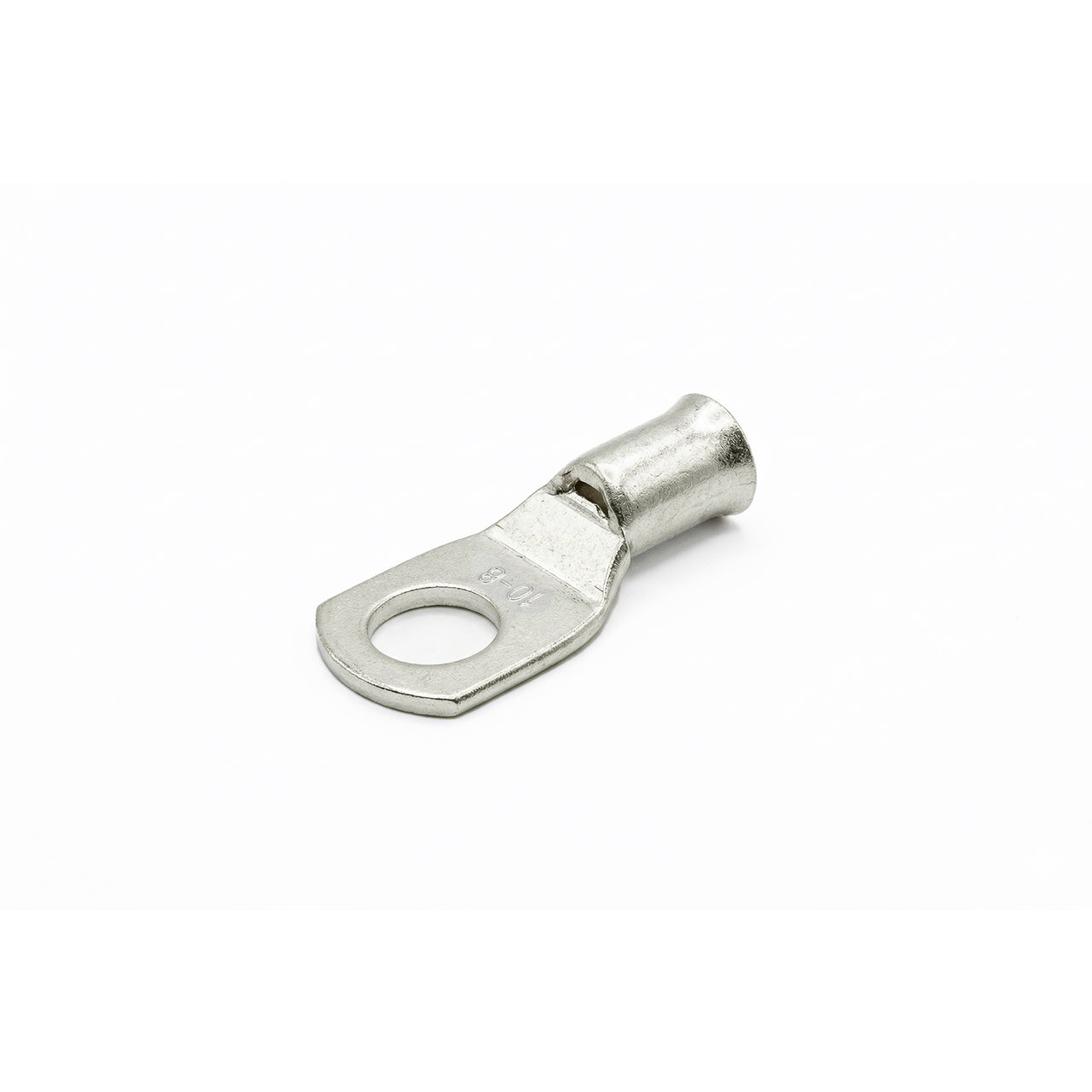 Tin-plated 10mm² copper lug with M8 hole and flared bellmouth entry