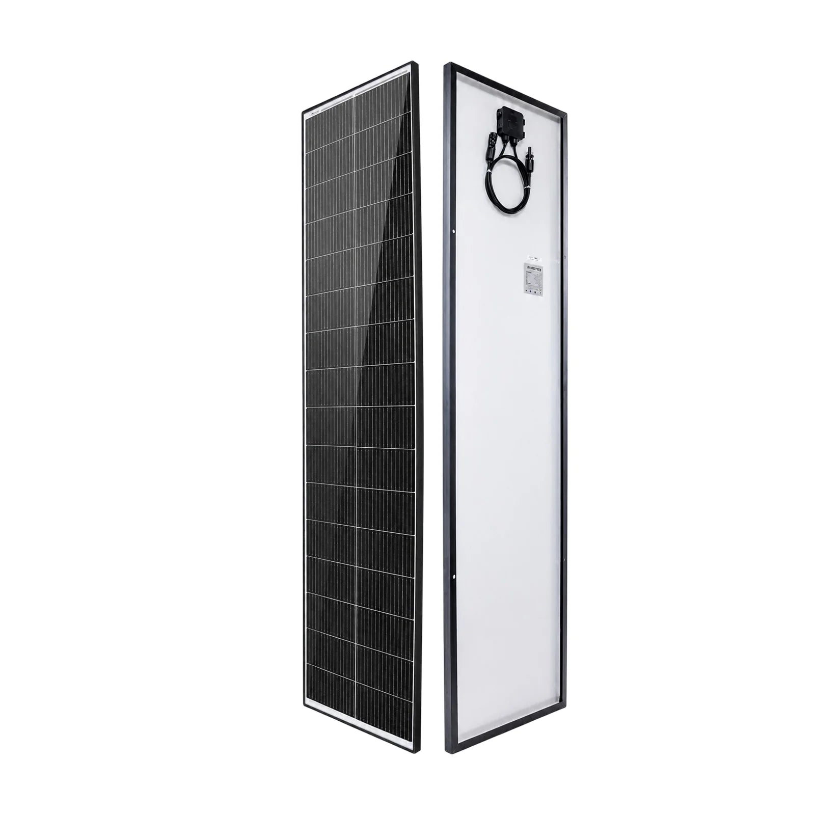 Perspective front and rear views of the narrow 115W solar panel