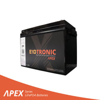Angled view of Exotronic Apex 12V 350Ah lithium battery showing black case and terminals