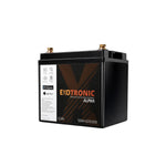 Front-angle view of Exotronic Alpha 12V 50Ah lithium battery in black ABS case