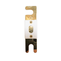 Top-down view of 150A ANL fuse with gold-plated terminals and white ceramic housing