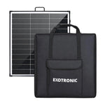 200W folding solar panel standing behind a black padded carry bag with front pocket