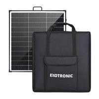 200W folding solar panel standing behind a black padded carry bag with front pocket